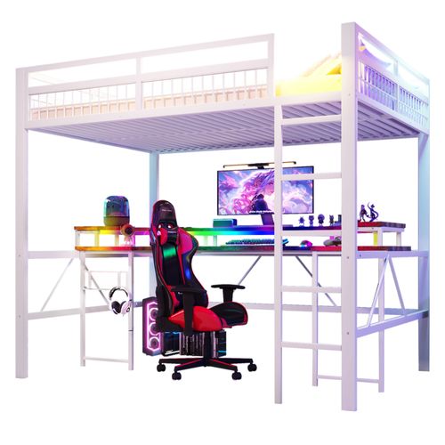 Lit Mezzanine 140 X 200 Cm Avec LED, USB Et Bureau En Métal Blanc
