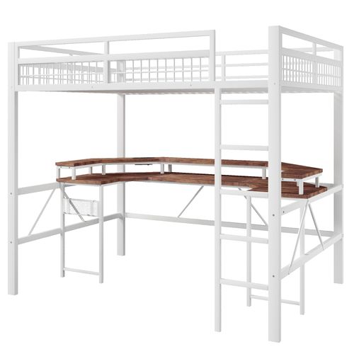 Lit Mezzanine 140 X 200 Cm Avec LED, USB Et Bureau En Métal Blanc