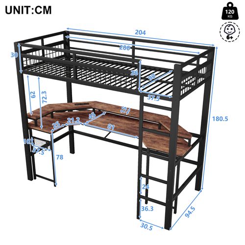 Lit Mezzanine 90 X 200 Cm Avec LED, USB Et Bureau En Métal Noir