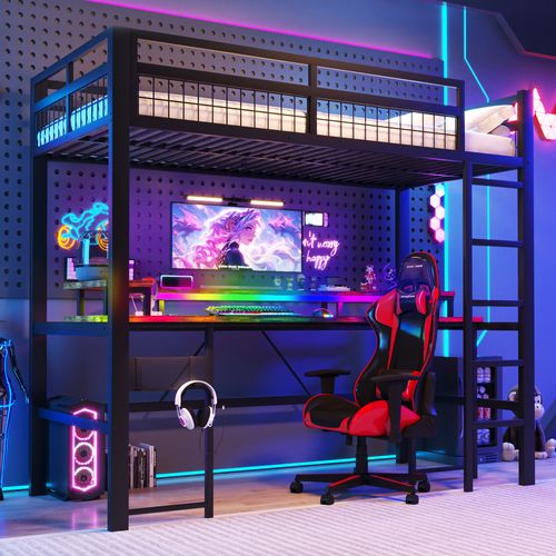 Lit Mezzanine 90 X 200 Cm Avec LED, USB Et Bureau En Métal Noir