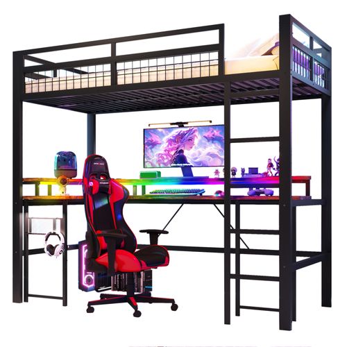Lit Mezzanine 90 X 200 Cm Avec LED, USB Et Bureau En Métal Noir