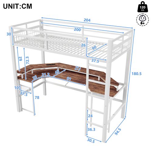 Lit Mezzanine 90 X 200 Cm Avec LED, USB Et Bureau En Métal Blanc