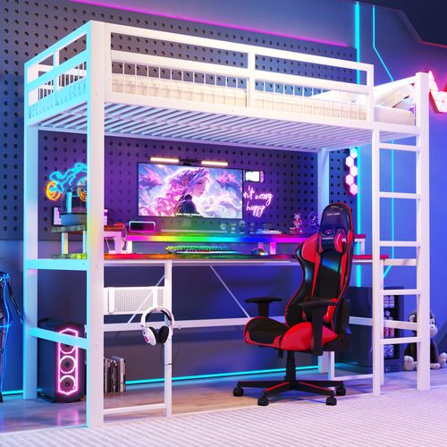 Lit Mezzanine 90 X 200 Cm Avec LED, USB Et Bureau En Métal Blanc