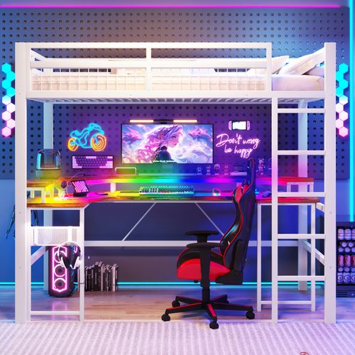 Lit Mezzanine 90 X 200 Cm Avec LED, USB Et Bureau En Métal Blanc