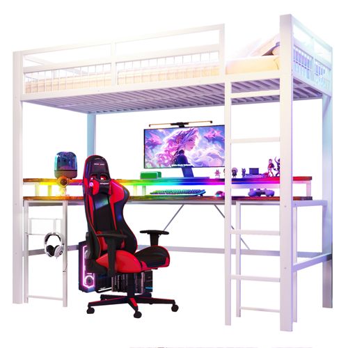 Lit Mezzanine 90 X 200 Cm Avec LED, USB Et Bureau En Métal Blanc