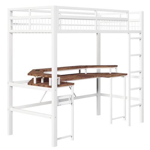 Lit Mezzanine 90 X 200 Cm Avec LED, USB Et Bureau En Métal Blanc