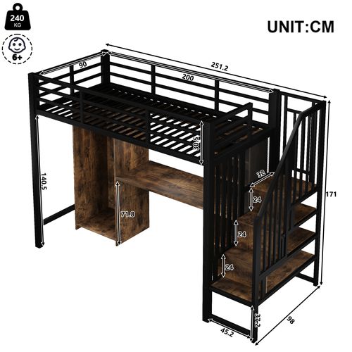 Lit Mezzanine 90 X 200 Cm Avec Bureau, Armoire, Étagères Et Escalier De Rangement En Métal Noir