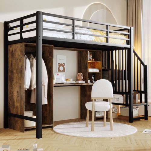 Lit Mezzanine 90 X 200 Cm Avec Bureau, Armoire, Étagères Et Escalier De Rangement En Métal Noir