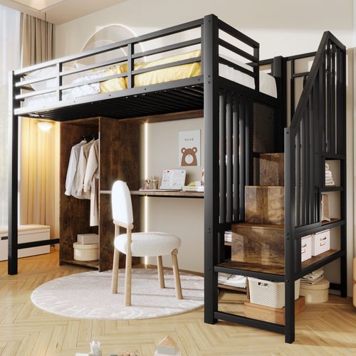 Lit Mezzanine 90 X 200 Cm Avec Bureau, Armoire, Étagères Et Escalier De Rangement En Métal Noir