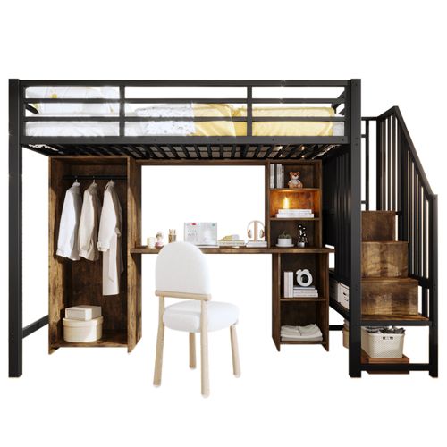Lit Mezzanine 90 X 200 Cm Avec Bureau, Armoire, Étagères Et Escalier De Rangement En Métal Noir