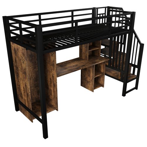 Lit Mezzanine 90 X 200 Cm Avec Bureau, Armoire, Étagères Et Escalier De Rangement En Métal Noir