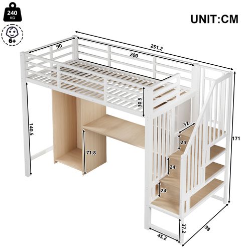 Lit Mezzanine 90 X 200 Cm Avec Bureau, Armoire, Étagères Et Escalier De Rangement En Métal Blanc