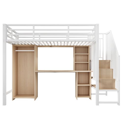 Lit Mezzanine 90 X 200 Cm Avec Bureau, Armoire, Étagères Et Escalier De Rangement En Métal Blanc