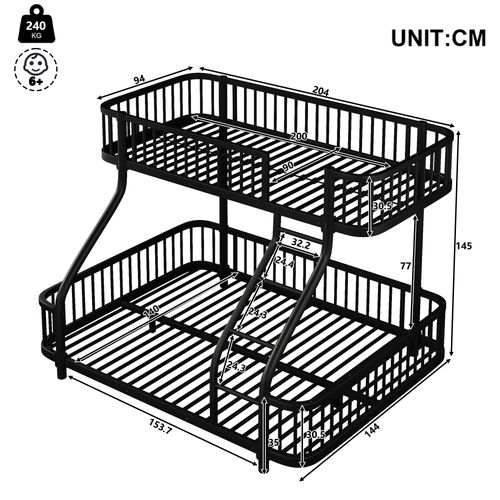 Lit Superposé 140 X 200 Cm + 90 X 200 Cm En Métal Noir