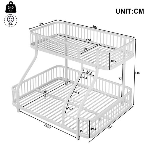 Lit Superposé 140 X 200 Cm + 90 X 200 Cm En Métal Blanc