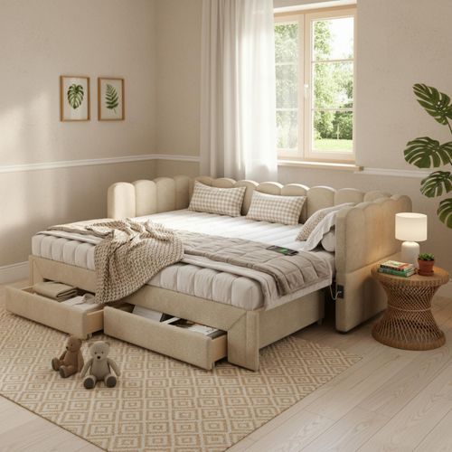 Lit Gigogne 90 X 200 Cm S'étend Jusqu'à 180 Cm Avec USB Et 2 Tiroirs Beige Foncé