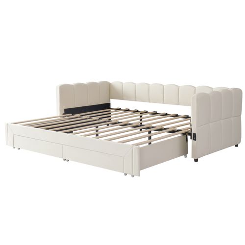 Lit Gigogne 90 X 200 Cm S'étend Jusqu'à 180 Cm Avec USB Et 2 Tiroirs Beige