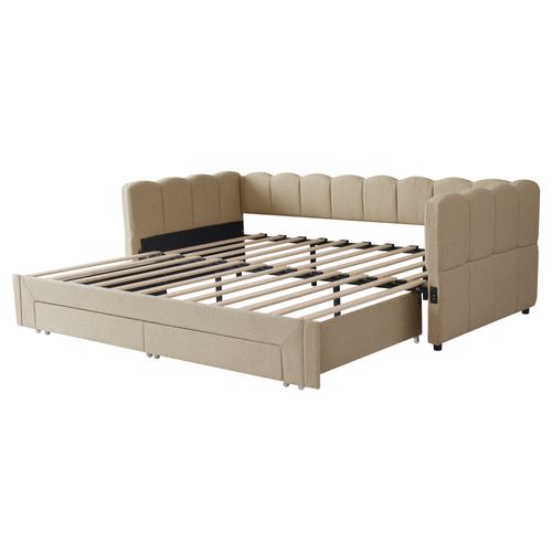 Lit Gigogne 90 X 190 Cm S'étend Jusqu'à 180 Cm Avec USB Et 2 Tiroirs Beige Foncé
