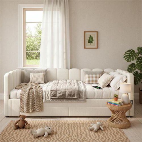 Lit Gigogne 90 X 190 Cm S'étend Jusqu'à 180 Cm Avec USB Et 2 Tiroirs Beige