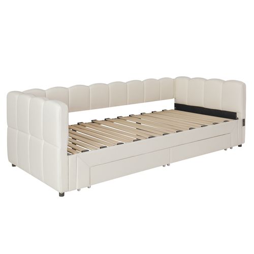 Lit Gigogne 90 X 190 Cm S'étend Jusqu'à 180 Cm Avec USB Et 2 Tiroirs Beige