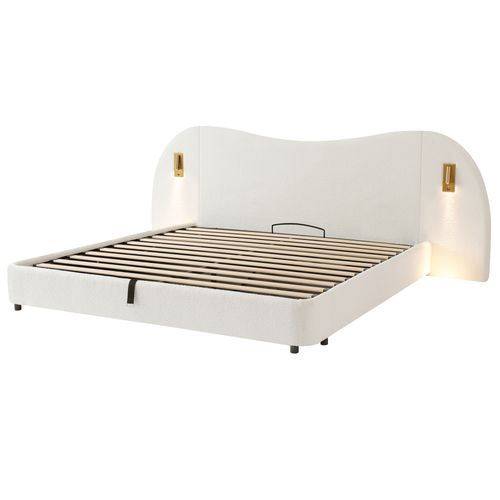 Lit Coffre 180 X 200 Cm Avec Port USB Et Lampe De Lectureen Bouclé Blanc