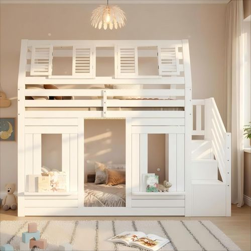 Lit Mezzanine Cabane 90 X 200 Cm Avec LED Et Escalier De Rangement Blanc