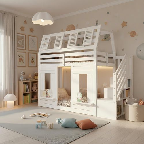 Lit Mezzanine Cabane 90 X 200 Cm Avec LED Et Escalier De Rangement Blanc