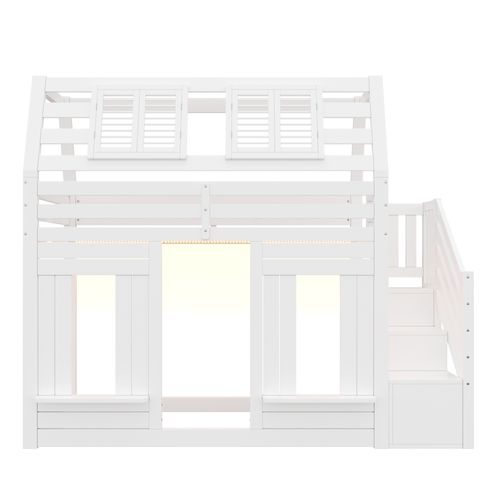Lit Mezzanine Cabane 90 X 200 Cm Avec LED Et Escalier De Rangement Blanc