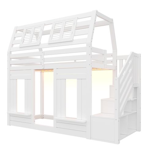 Lit Mezzanine Cabane 90 X 200 Cm Avec LED Et Escalier De Rangement Blanc