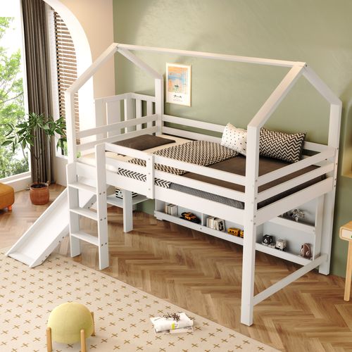 Lit Mi-haut Cabane 90 X 200 Cm Avec 6 Étagères Et Un Toboggan Blanc