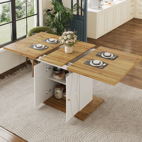 Table De Salle à Manger Extensible 110 (140) X 70 X 76,5 Cm Avec 2 Portes Imitation Chêne +  Blanc