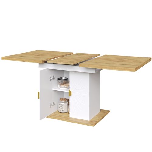 Table De Salle à Manger Extensible 110 (140) X 70 X 76 Cm Avec 2 Portes Imitation Chêne +  Blanc