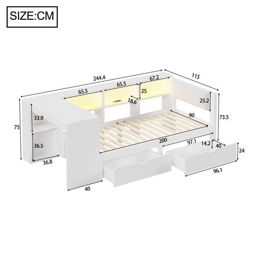 Lit Enfant 90 X 200cm Avec 2 Tiroirs, USB Et LED Blanc