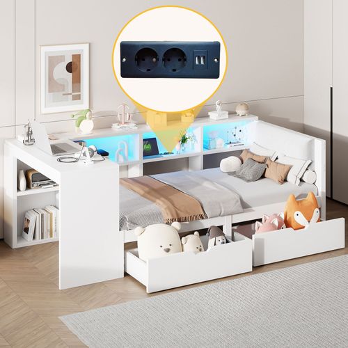 Lit Enfant 90 X 200cm Avec 2 Tiroirs, USB Et LED Blanc