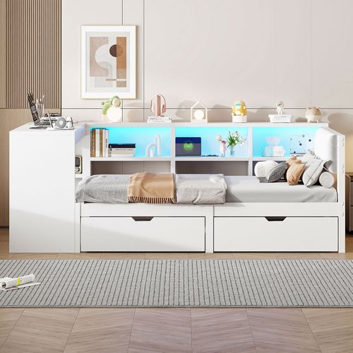 Lit Enfant 90 X 200cm Avec 2 Tiroirs, USB Et LED Blanc
