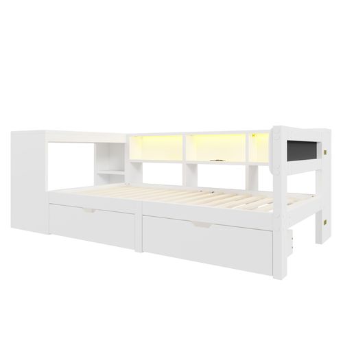 Lit Enfant 90 X 200cm Avec 2 Tiroirs, USB Et LED Blanc