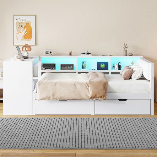 Lit Enfant 140 X 200cm Avec 2 Tiroirs, USB Et LED Blanc