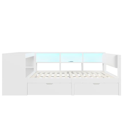 Lit Enfant 140 X 200cm Avec 2 Tiroirs, USB Et LED Blanc