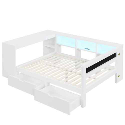 Lit Enfant 140 X 200cm Avec 2 Tiroirs, USB Et LED Blanc