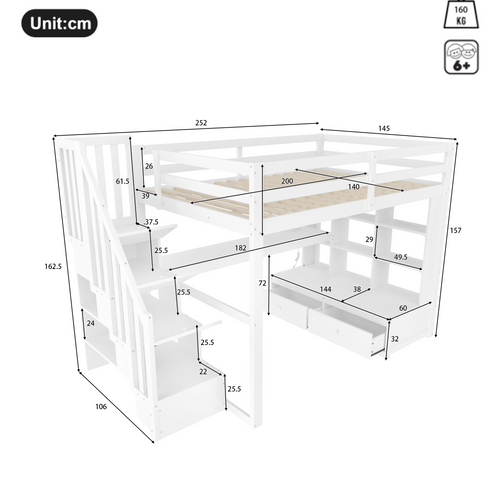 Lit Mezzanine 140 X 200cm Avec 2 Tiroirs, Bureau, LED Et Escalier Blanc