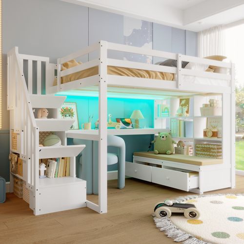 Lit Mezzanine 140 X 200cm Avec 2 Tiroirs, Bureau, LED Et Escalier Blanc