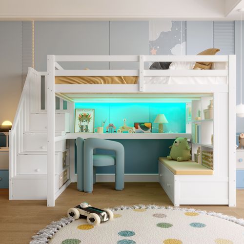 Lit Mezzanine 140 X 200cm Avec 2 Tiroirs, Bureau, LED Et Escalier Blanc