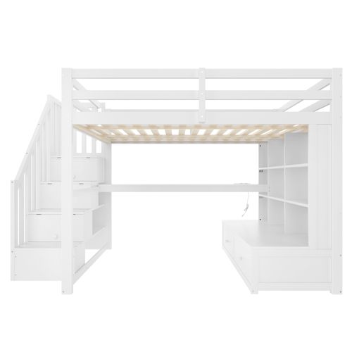 Lit Mezzanine 140 X 200cm Avec 2 Tiroirs, Bureau, LED Et Escalier Blanc