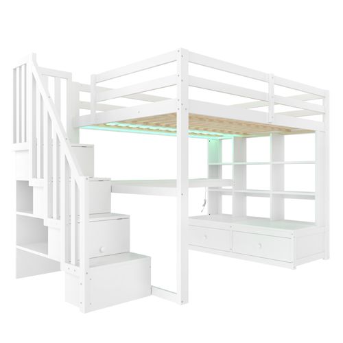 Lit Mezzanine 140 X 200cm Avec 2 Tiroirs, Bureau, LED Et Escalier Blanc