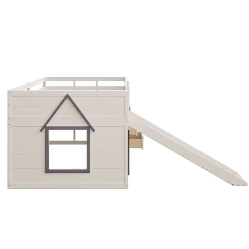 Lit Mezzanine 140 X 200cm Avec 3 Tiroirs, Échelle Et Toboggan Blanc