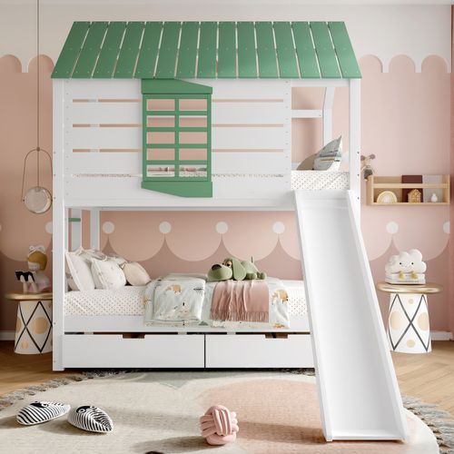 Lit Superposé 90 X 200cm Avec 2 Tiroirs, Échelle Et Toboggan Blanc