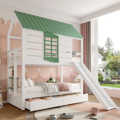 Lit Superposé 90 X 200cm Avec 2 Tiroirs, Échelle Et Toboggan Blanc
