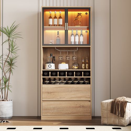 Vitrine Avec 2 Portes Et 2 Tiroirs, LED, Range-verres Et Rangement Pour Bouteilles