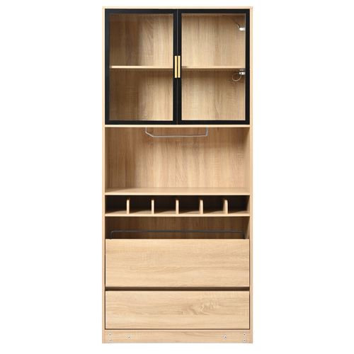 Vitrine Avec 2 Portes Et 2 Tiroirs, LED, Range-verres Et Rangement Pour Bouteilles