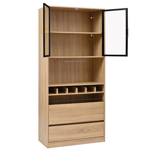 Vitrine Avec 2 Portes Et 2 Tiroirs, LED, Range-verres Et Rangement Pour Bouteilles